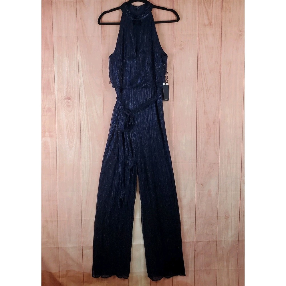 Adrianna Papell Metallic Crinkle Jumpsuit Women 4 Navy Blue Halter Neck Back Zip
